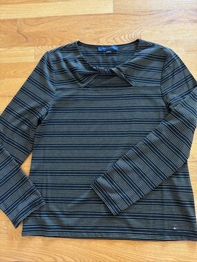 Tommy Hilfiger Striped Bow-Neck Long Sleeve Top - Black/gold
